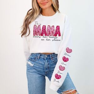 Personalized Name Mama Wears Her Hearts On Her Sleeve Sequin Sweatshirt